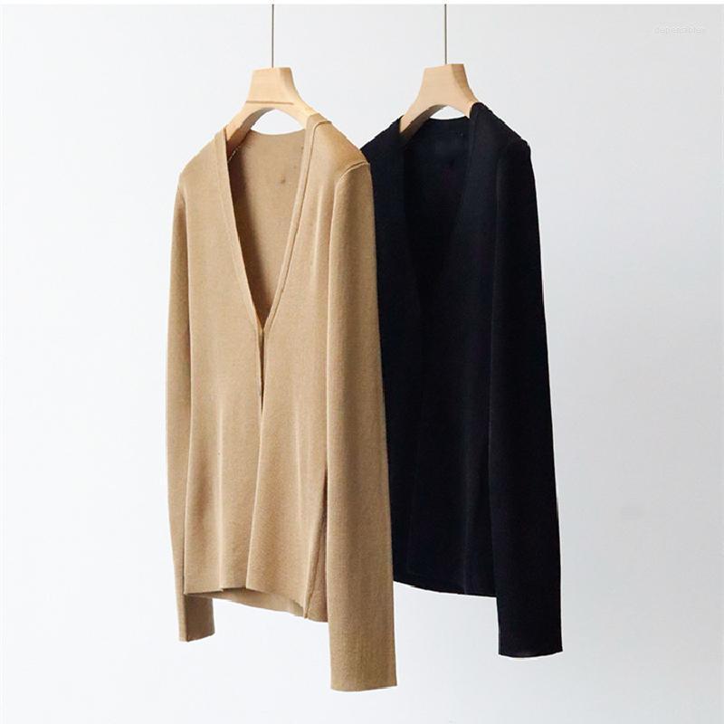 

Women' Knits & Tees High Quality Spring Summer Women Fashion British Casual Solid Color V-Neck Stretch Silk Knitted Cardigan Top Depe22, Black
