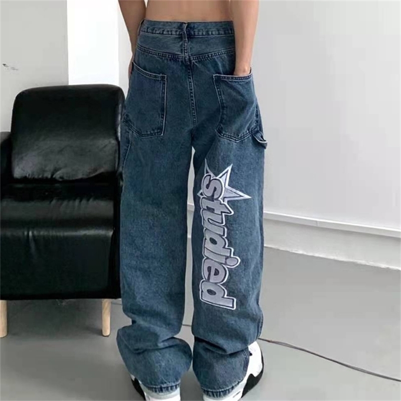 Retro Pockets Letter Embroidery Ripped Casual Jeans Men Straight Wide Leg Pant Women Harajuku Oversize Streetwear Denim Trousers 220606
