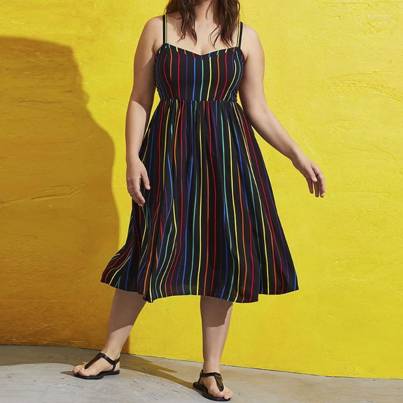 

Plus Size Dresses 2022 Summer Dress 5XL Women Sleeveless Colorful Striped Print High Waist Strap Slip Backless Sexy Party Echm22, Black