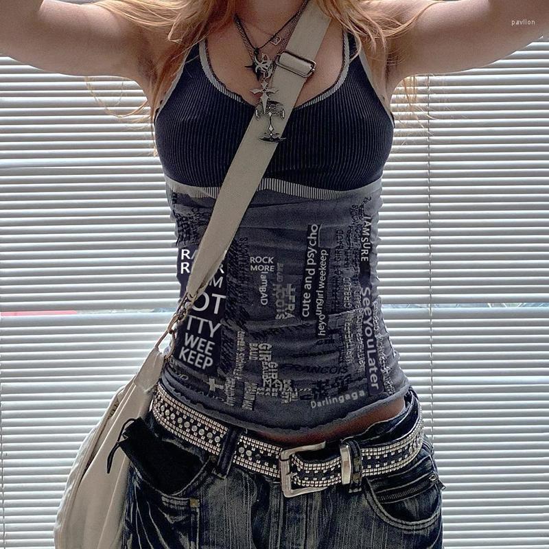 

Women's Tanks & Camis Harajuku Grunge Print Crop Top E-girl Gothic Black Spaghetti Strap Camisole Korean Fashion Backless Slim Fit Mini Vest
