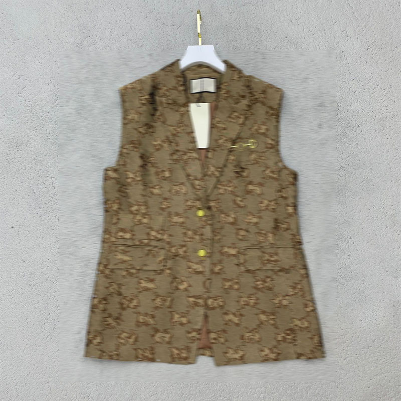 

2022 Fashion Embroidery Letter Elegant Vest Women's Single Breasted Short Jacket Outwear Sleeveless Pocket Casual Coats, Brown
