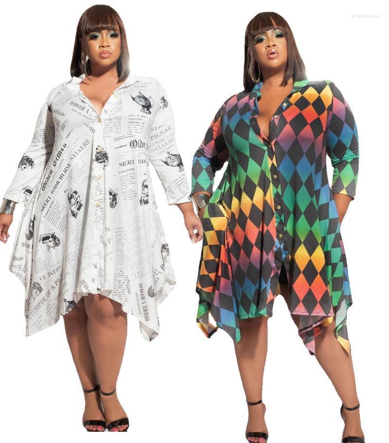 

Plus Size Dresses Shirt Dress For Women 4XL 5XL Irregular Loose Boho Printed Ladies Robe Female Office Work Elegant Outfits Edar22, White