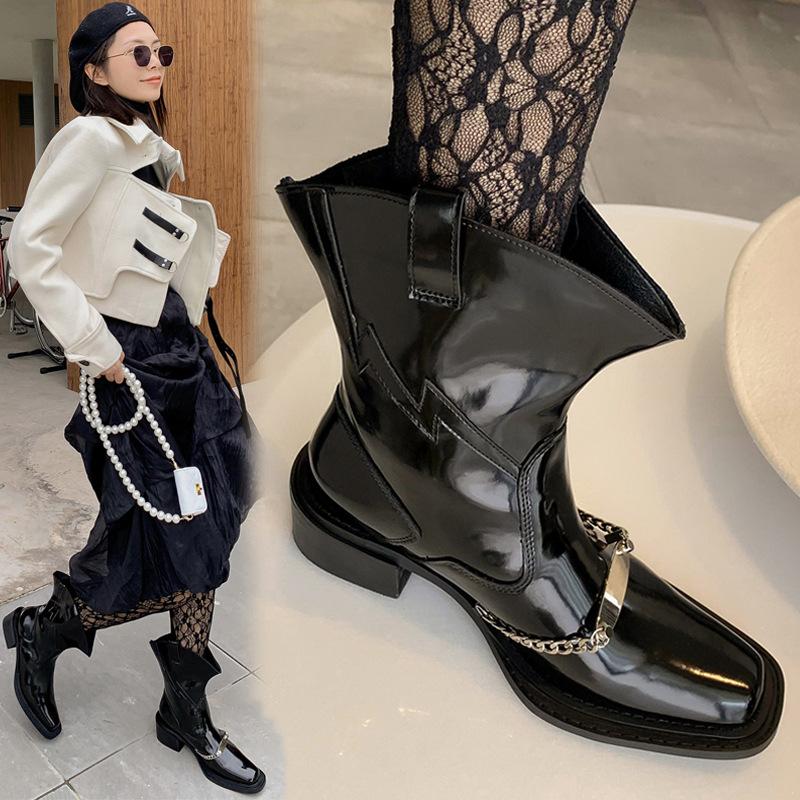 

Boots Sexy Women 2022 Square Toe Shoes Side Zipper Metal Chain Chunky Heels 5CM Ankle Leather Western Cowboy Slip On, As picture