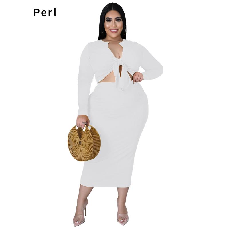 

Plus Size Dresses Solid Color Matching Set Crop Top Skirt V-neck Full Sleeve Outfit Women's Clothing Two Piece Suit Club WearPlus, Red