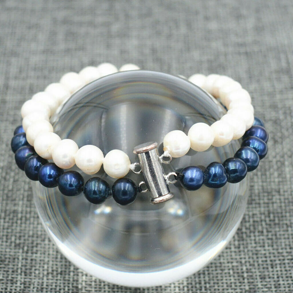 

2 Rows Beautiful 7-8mm Black & White Akoya Cultured Pearl Bracelet 7.5''