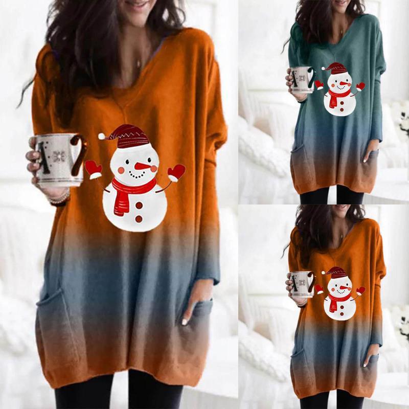 

Ladies Fashion V-neck Dyeing Gradually Snowman Print Long Sleeve Casual Pocket Top Hoodie Made From High Quality Fabricc50 Women's Hoodies &