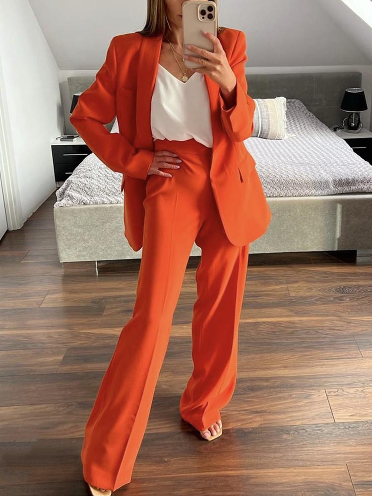 Pantalon de deux pièces pour femmes Ptysic Femmes Officewear avec manches complètes Bouton unique Poches à rabat Blazer Manteau Flare Business St