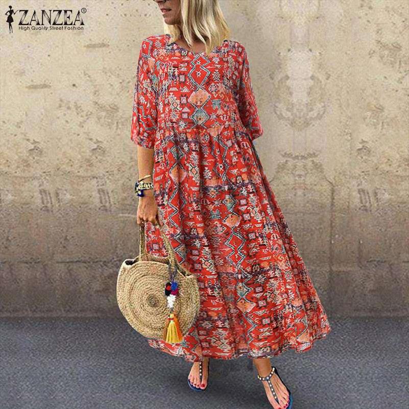 

Bohemian Sundress Women Casual 3 4 Sleeve Long Maxi Vestidos Autumn Vintage Printed Party Dress Femme Tunic Robe, Red