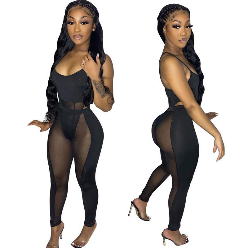 

Women' Two Piece Pants WUHE Women Mesh Suit Spaghetti Strap Bodysuit Rompers & See Through Skinny Set Solid Night Club Party Wear, Black