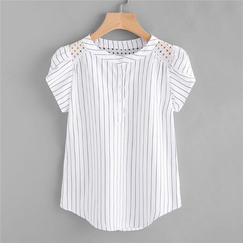 

Women' Blouses & Shirts Fashion Women Tops Harajuku Blouse Striped Hollow Out T-Shirt Short Butterfly Sleeve Vest Top Female Camisetas De M, As pic