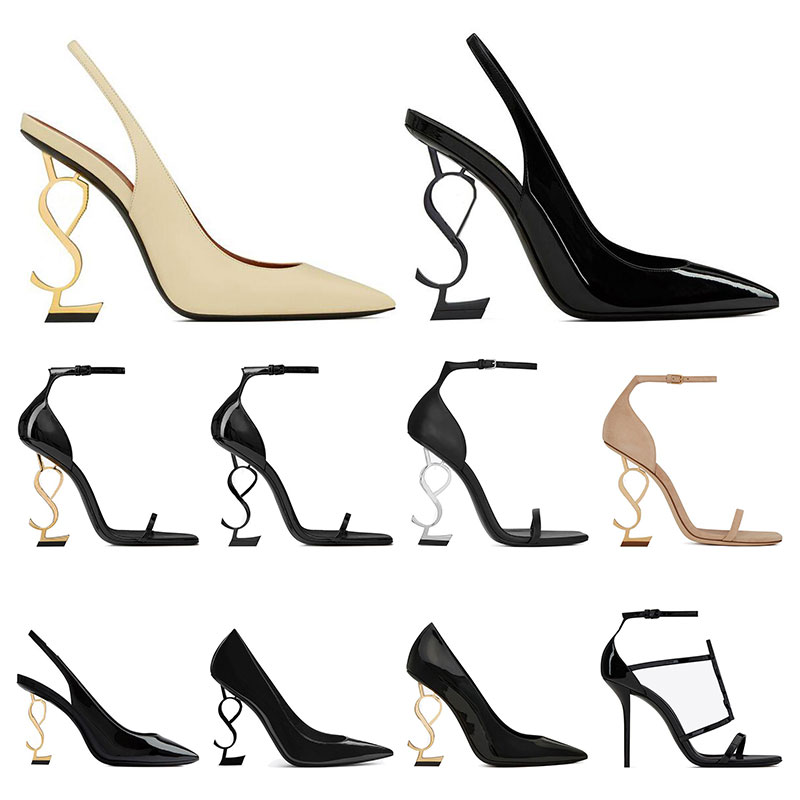 

women luxury Dress Shoes high heels patent leather Gold Tone triple black nude sliver lady fashion sandals open toes stiletto heel Party Wedding Office pumps