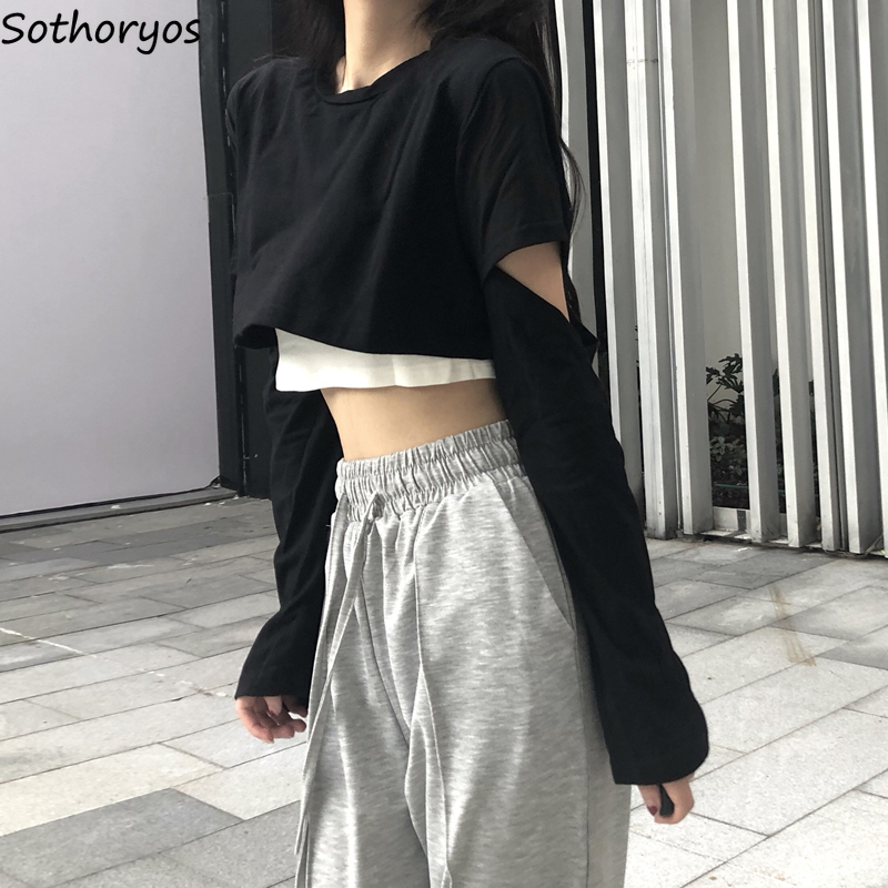 

Long Sleeve T shirts Women Patchwork Loose Crop Tops Girls Casual Simple All match Spring Ladies Chic Tees Camis Sets 2pecs 220714, Black