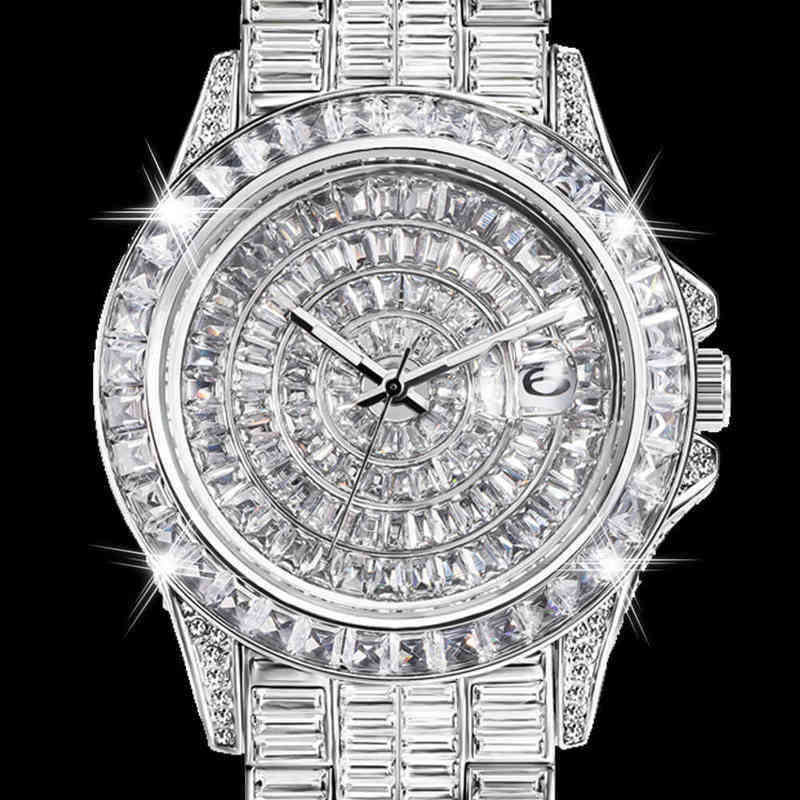 

Wristwatches Fully Baguette Diamond Watch For Men Iced Out Quartz Mens Watches Hip Hop Male Clock Waterproof Silver Reloj Hombre Droshipping 220602, Rose