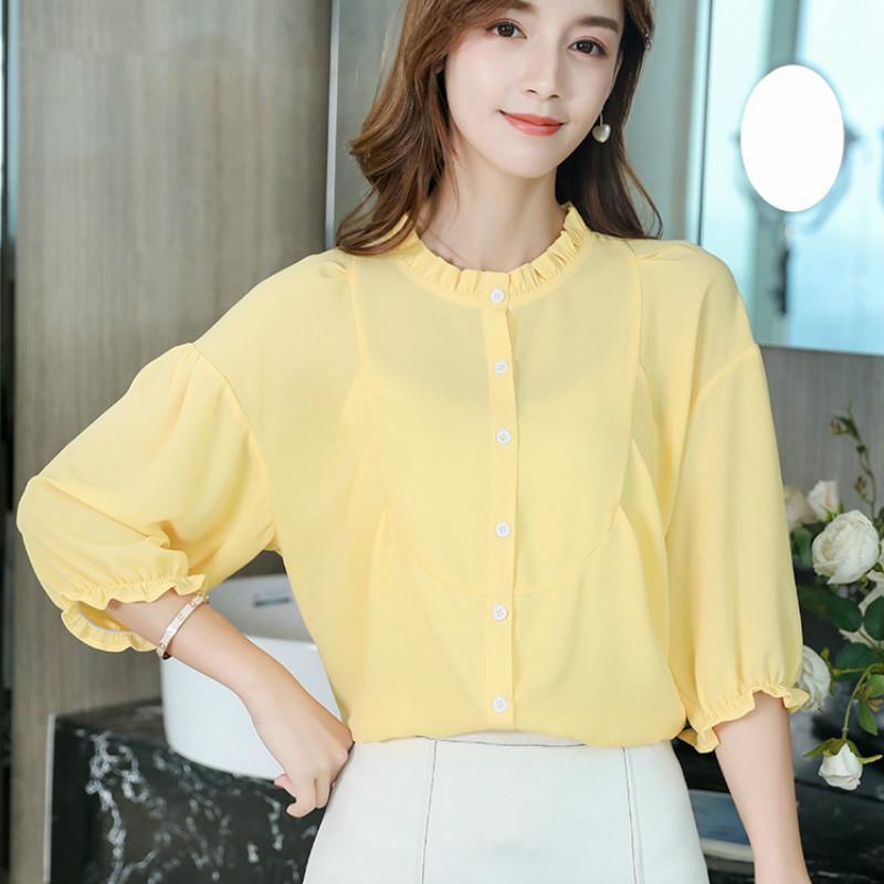 

Harajuku Spring Autumn Blouse Women Puff Sleeve Shirts Fashion Leisure Chiffon Shirt Ruffle Office Ladies Yellow White Tops Women' Blouses