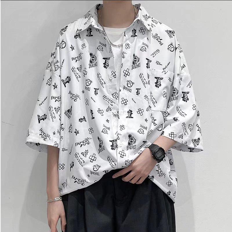 

Men's Casual Shirts Abstract Pattern Men's Flower Shirt Printed Short Sleeve Trendy Summer Couple Half ShirtMen's, White