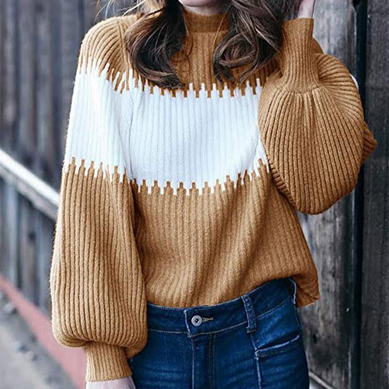 

Women's Sweaters Autumn Patchwork Knitted Ribbed Womens Turtleneck Long Lantern Sleeve Female Pullover Streetwear Casual Ladies Sweater, White;black