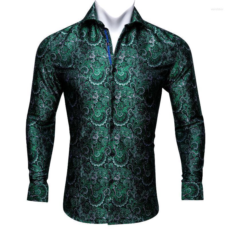 

Men' Dress Shirts Barry.Wang Luxury Green Paisley Silk Men Long Sleeve Casual Flower For Designer Fit Shirt BY-0045Men' Vere22, Cy-0055