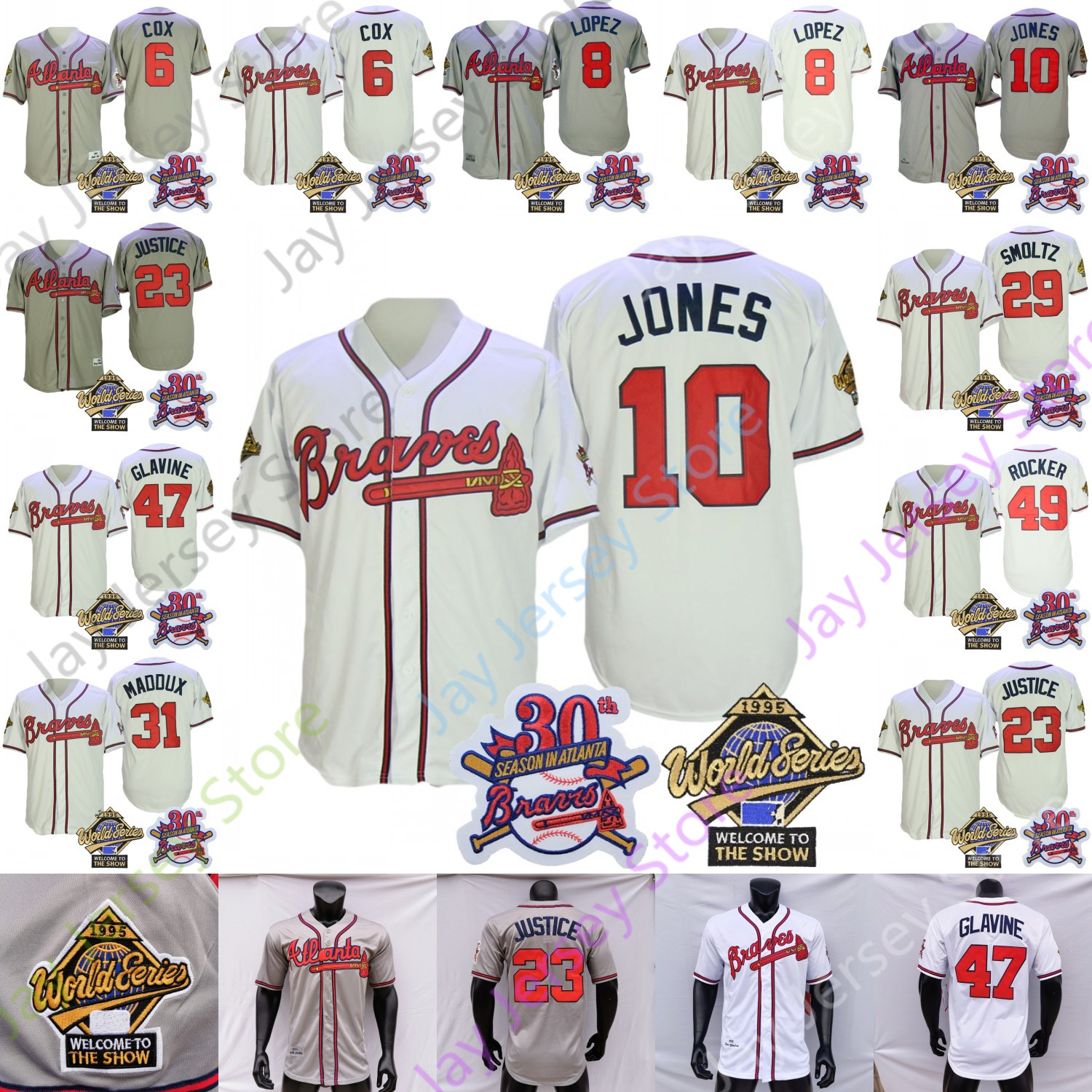 

1995 WS Vintage Jersey Bobby Cox Javy Lopez Chipper Jones David Justice John Smoltz Greg 31 Maddux 30th Anniversary Patch Grey White, 10 chipper jones grey