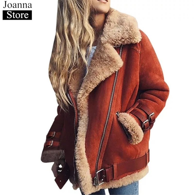 Hiver Nouvelle Fausse Fourrure Moto Veste Femmes Revers En Daim Chaud Épais Casual Manteau Dames En Peluche Doublure Noir Plus La Taille Bomber V