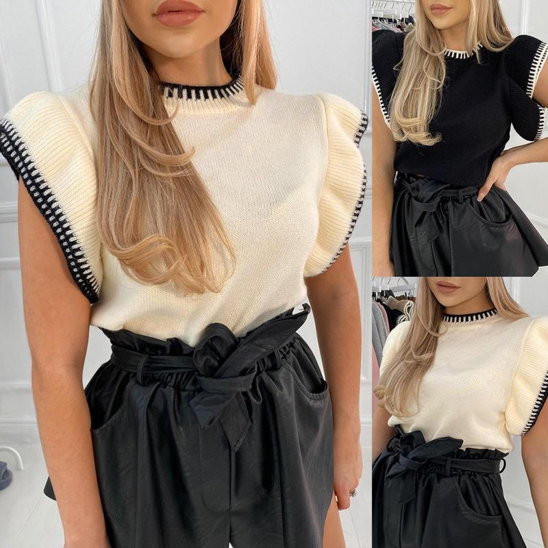 

Stylish Autumn Women Short Sleeve Frill Ruched Basic Cotton Knitted Sweater Pullover O Neck Jumpers Tops Women' Blouses & Shirts, Black