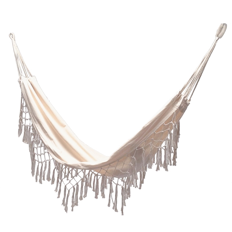 

Tassels Hammock Boho Style Brazilian Macrame Fringed Deluxe Double Hammock Net Cotton Swing Chair Hanging Bed 220606