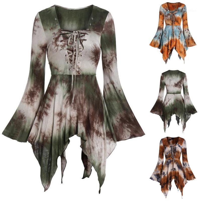 

Feitong Shirts Blouse Tops Women Blouses Halloween Flare Sleeve Tie Dyeing Lace Up Gothic Asymmetric Shirt Women, Green