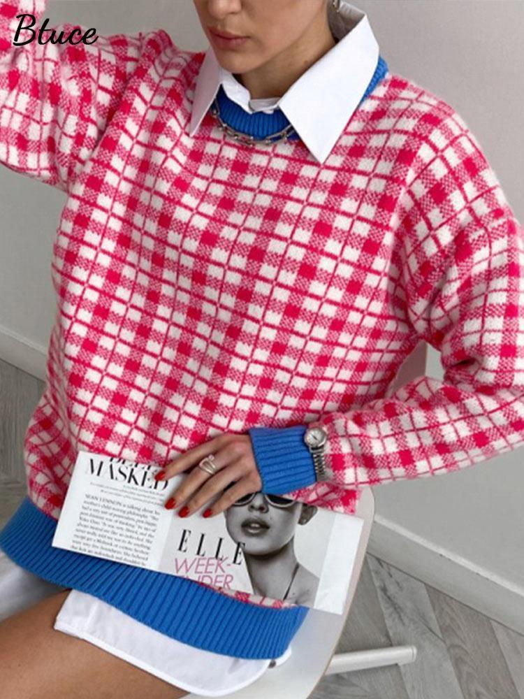 

Women Vintage Plaid Knitted Sweater Pullovers Oneck Long Sleeve Colorblock Sweaters Autumn Winter Female Elegant Chic Tops 220816, Blue