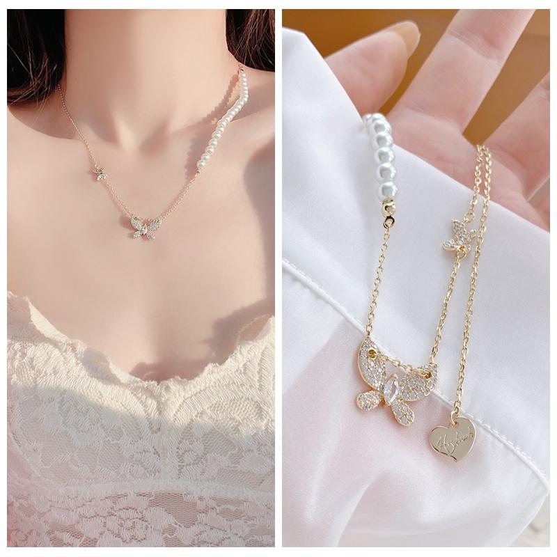 

Chains Delicate CZ Zircon Crystal Butterfly Pendant Necklace For Women Imitation Pearl Beaded Chain JewelryChains