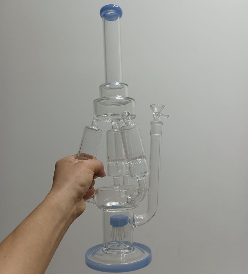 

17 inch Blue Glass Water Bong Hookahs with Honeycomb Filters Recycler Oil Dab Rigs Smoking Pipes for male 14mm joint