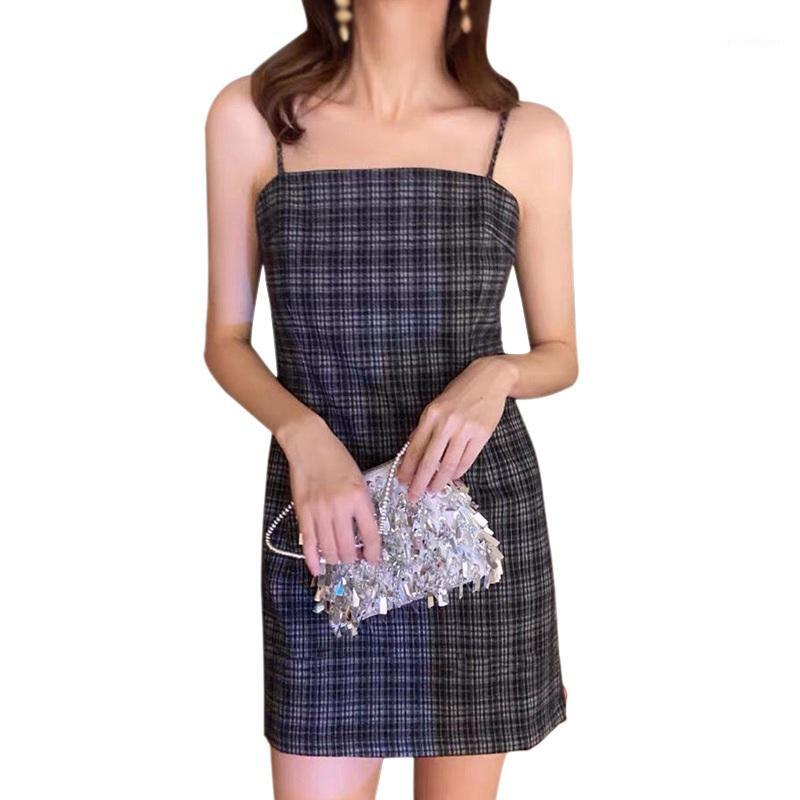 

Casual Dresses Women' Mini Dress Thin Shoulder Strap Short Plaid Sleeveless Sexy Bodycon Party Vestido