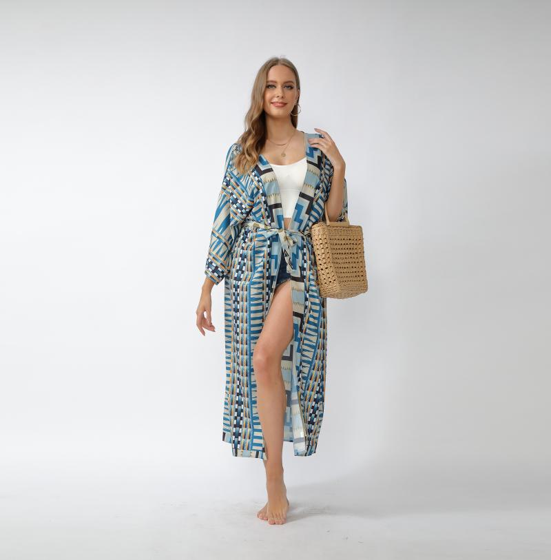

Women's Swimwear Colors Women Geometric Print Cardigan Loose Beach Sunscreen Bikini Cover Up Swimsuit One SizeWomen's