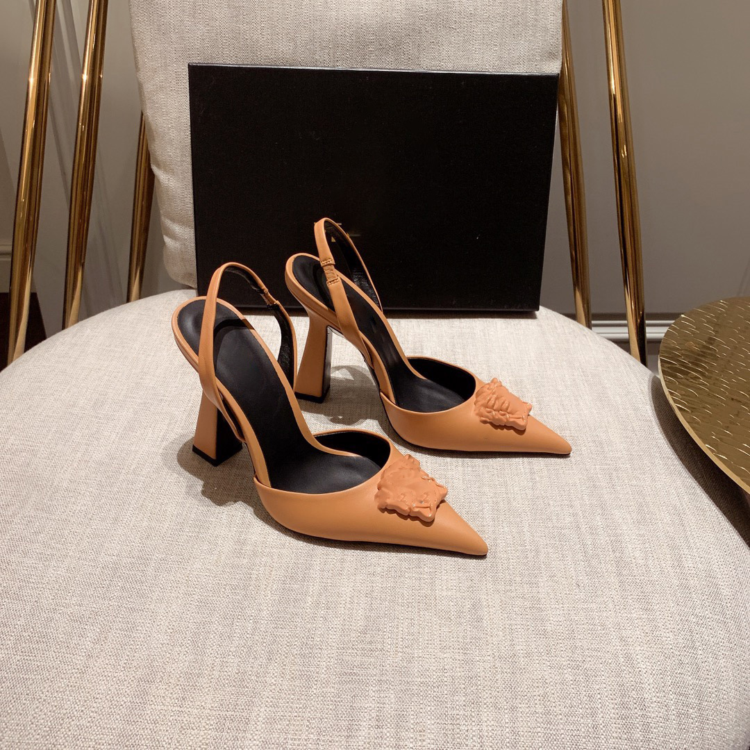 

Tan La Medusa embellished heeled Pointed Toe Pumps shoes high Heels leather sandals for women Luxury Designers Dress shoe Evening Slingback strap factory footwear, Red
