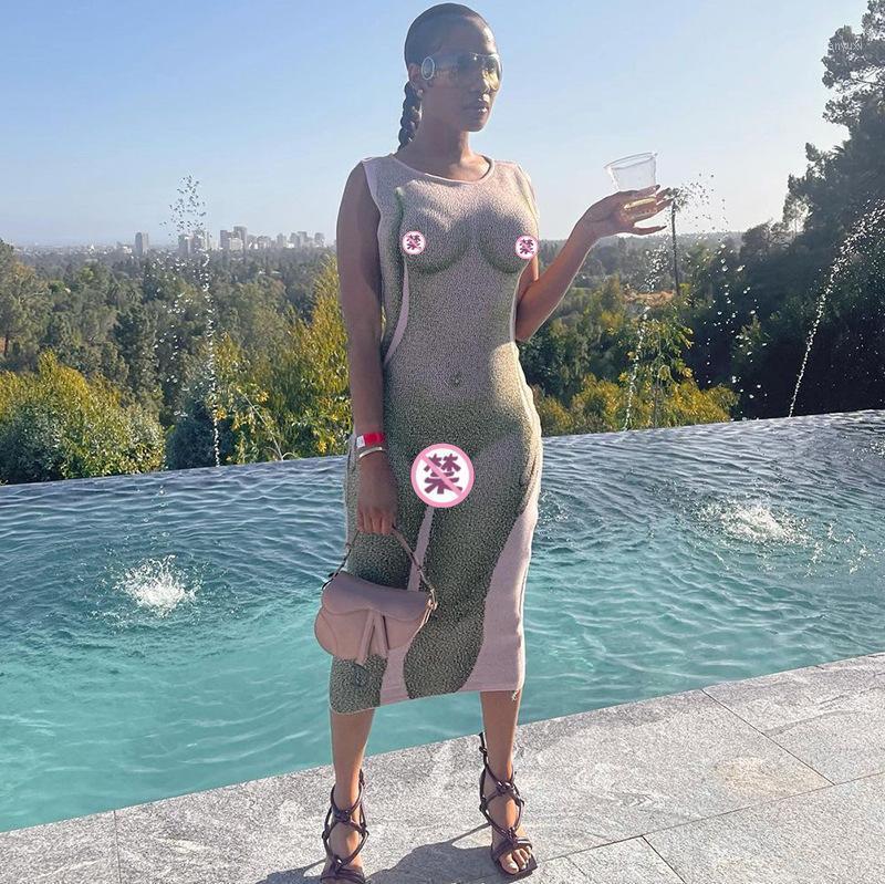 

Casual Dresses RMSFE 2022 Women' Sleeveless Round Neck Fashion Sexy Body Print Pullover Slim Long Dress