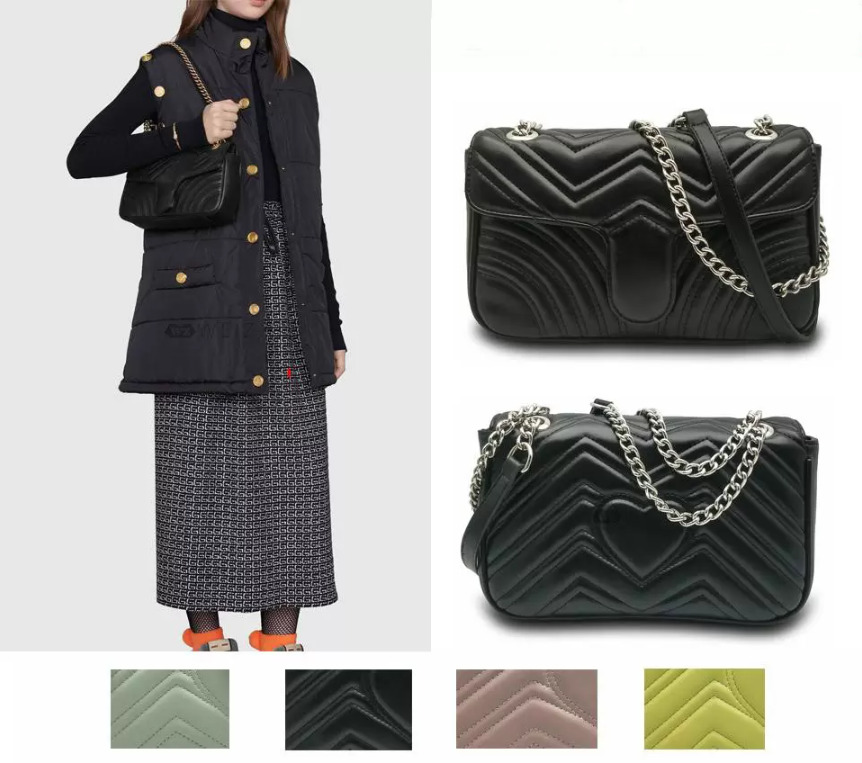 

Top Quality 5 Colors Marmont Women Shoulder Bag Silver Chain Bag Crossbody Pure Color Handbag Crossbody Messenger Tote Bag Purse Wallets, Gold chain black