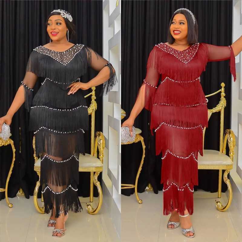 

Casual Dresses Fashion Tassel Pencil High Waist Stretch Bodycon Rhinestones Sheath Women Long Party Ladies Slim Fringe Dance DressCasual, Black