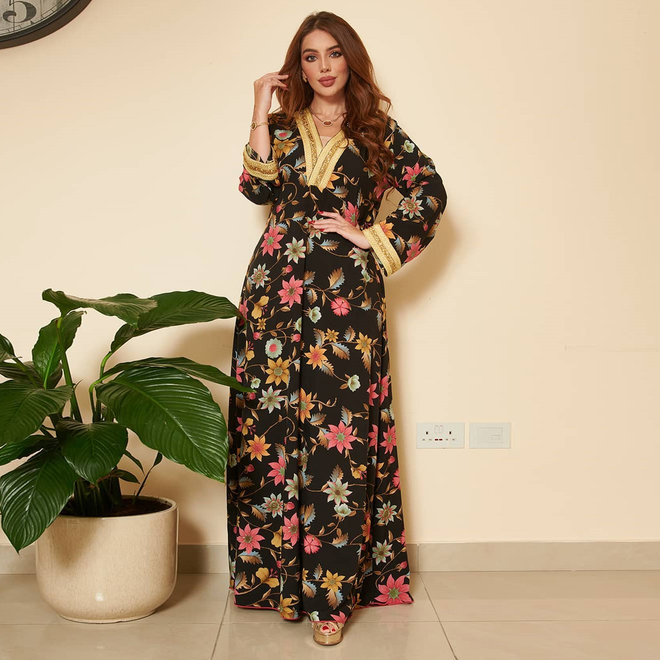 

Eid Ramadan Abaya Dubai Turkey Floral Print Muslim Hijab Arabic Long Dress for Women Diamond Ribbon Jalabiya Islamic Clothing