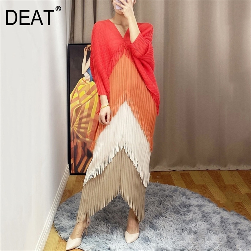 

DEAT Pleated Dress Woman Hit Color Tassel Batwing V Collar Sleeve Casual Style Loose Long Dresses Summer Fashion 15HT036 220613, Green dress