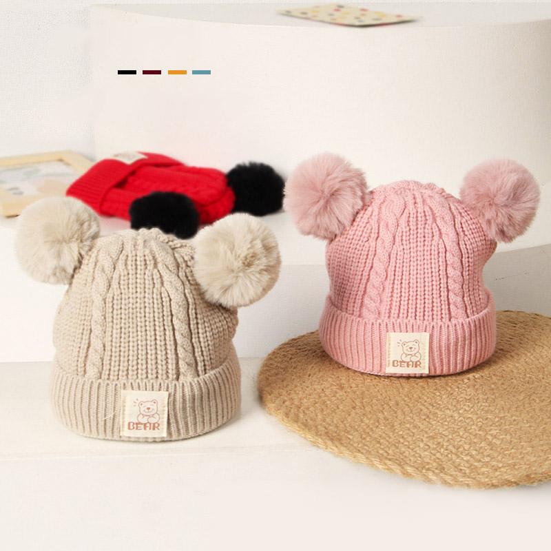 

Caps & Hats Soft Warm Baby Hat Thick Knitted Cartoon Double Pompom Kids Beanie For Girl Boy Solid Color Children Infant CapsCaps, Beige