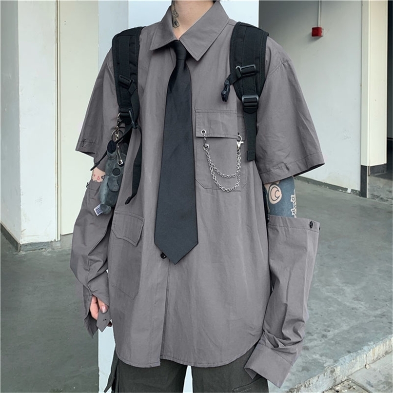 

HOUZHOU Gray Shirts Women Harajuku Detachable Sleeve Oversized Bf Gothic Blouse with Tie Vintage Streetwear Punk Autumn Shirt 220419, Black