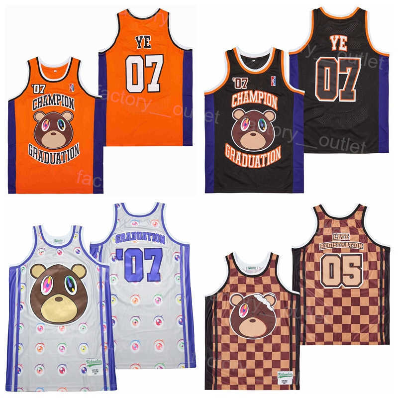 

Movie Basketball 07 Graduation Champion Jersey CHECKERED 5 Late Registration studio album rapper Uniform HipHop All Stitched Team Black Orange White University
