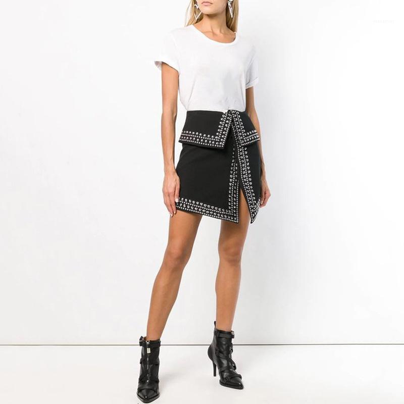 

Skirts 2022 Summer Street Style Personality Stitching Rivets Mid-waist Sexy Split Irregular Mini Skirt Women, Black