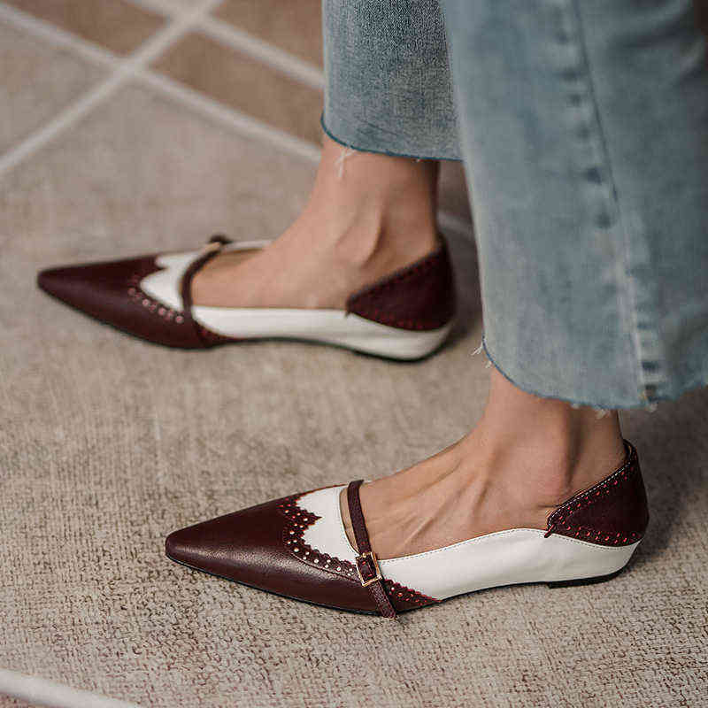 

Women Dress Shoes Vrouwen Echt Lederen Flats Metalen Gesp Decoratie Dames Lente Retro Chunky Heel Puntschoen Non Slip Casual Schoenen 2022 220607, Wine red