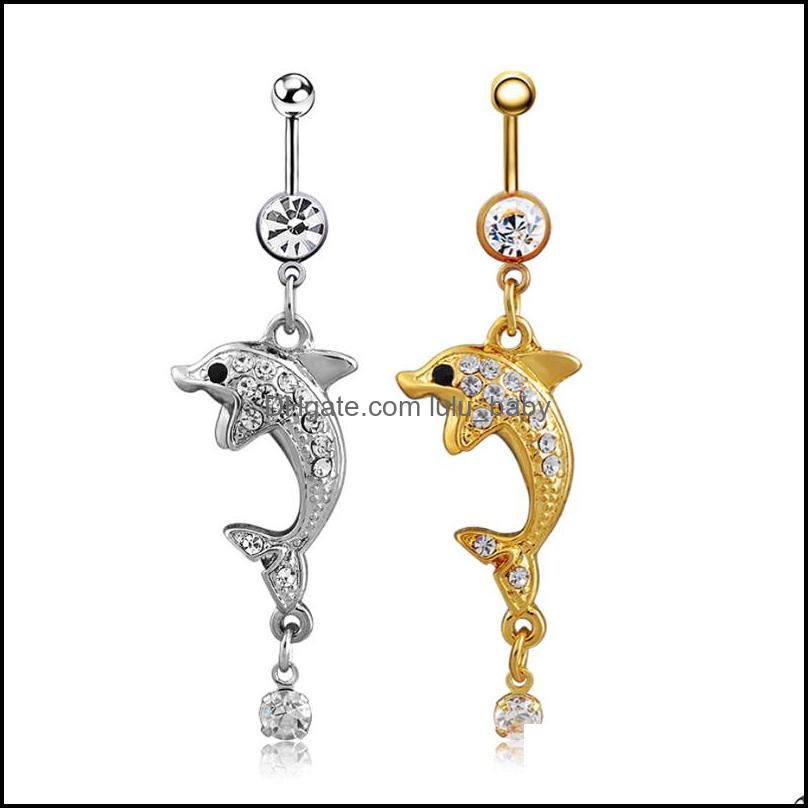 

Body Arts Tattoos Art Health Beauty Piercing Jewelry Dangle Dolphin Belly Button Ring Navel Barbells With Gem For Women Dh1E4