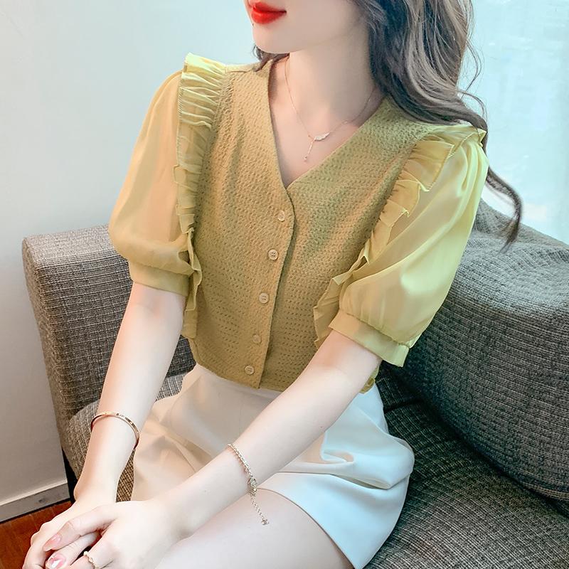 

Women' Blouses & Shirts Elegant V-neck Women Blouse Shirt Summer Fashion Ruffled Puff Short Sleeve Yellow Casual Woman Tops 2022