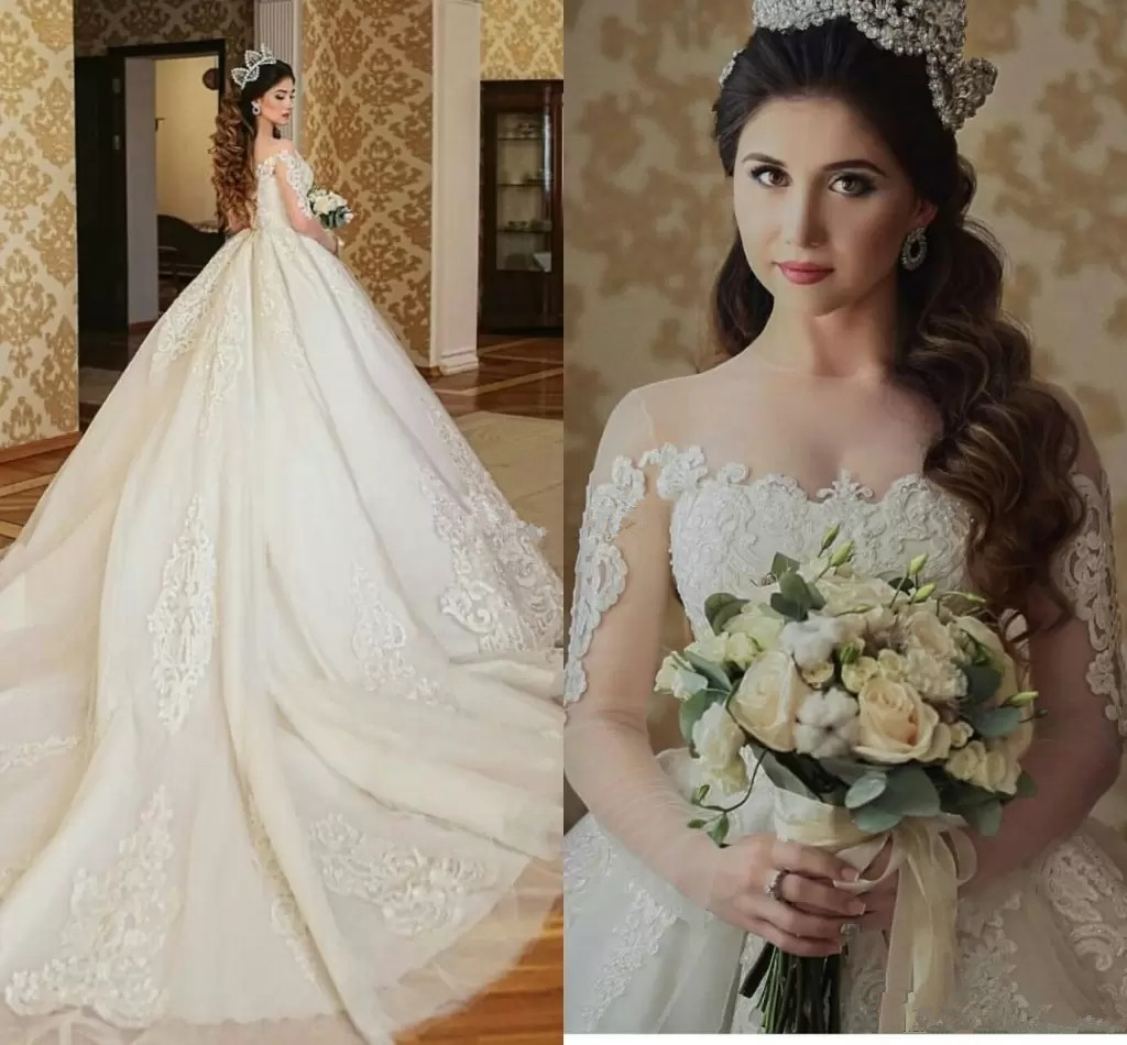Illusion manches longues robes de mariée robe de bal Vintage dentelle princesse grande taille mariée robes de mariée