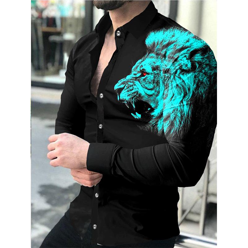

Men's Casual Shirts Autumn Fashion Men Oversized Shirt Lion Print Long Sleeve Tops Men's Clothing Party Cardigan Blouses High QualityMen, 301
