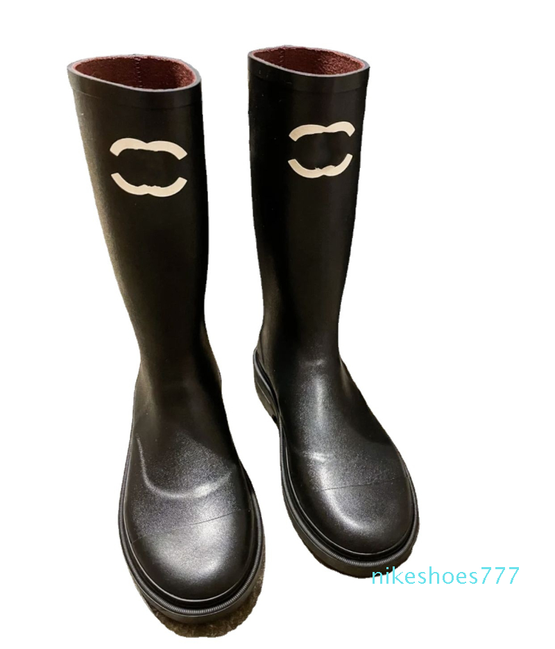 

designer Fashion Black Women's Boots Half Rain Boots Autumn Print Outsole Slim Leg