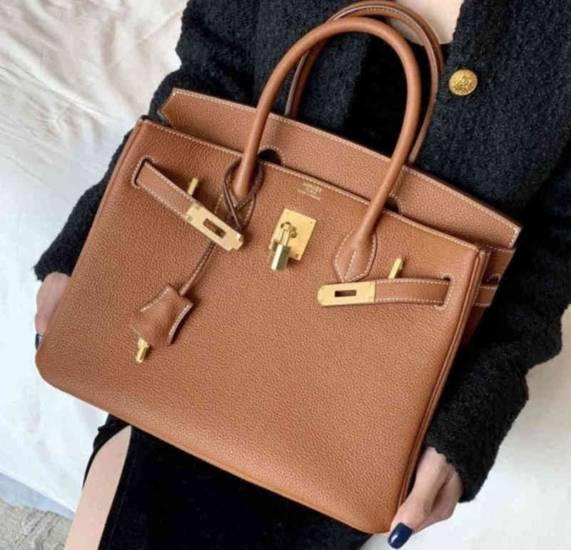 

Genuine Leather Birkinss h Platinum Lock Togo Leather Litchi Grain Cowhide Hand Sewn Wax Thread Portable Womens Leisure Bag Crc8, Red