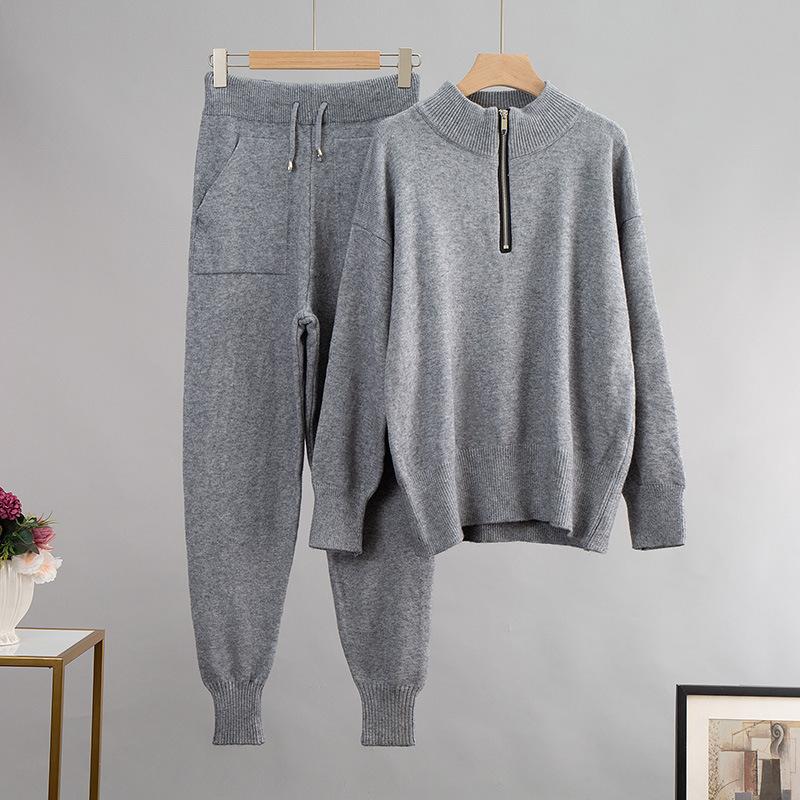 

Women's Two Piece Pants Autumn Winter Women 2 Sets O-Neck Tie Zipper Loose Sweater Harem Knitted Tracksuits 2022 Suits, Black