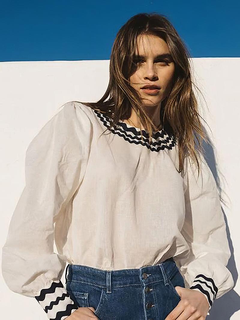 

Women' Blouses & Shirts Embroidery Patchwork Blouse Spring Autumn Woman Long Sleeves Round Neck Tops Femme Casual Vintage Chemises Hauts Cl, White